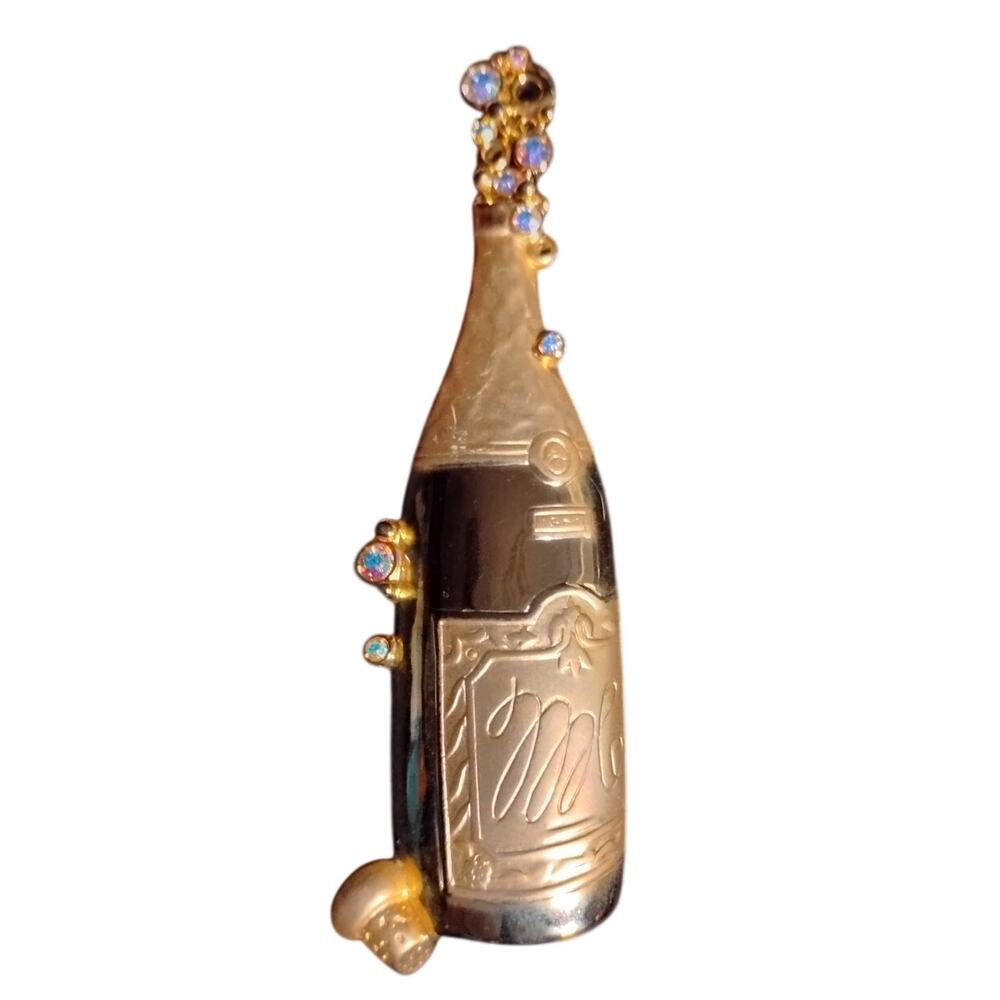 Vintage JJ Jonette Champagne Bottle Brooch AB Rhinestones Signed